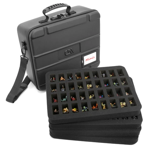 CASEMATIX Miniature Carrying Case with Programmable Lock - 144 Slot Miniature Storage Case with Four Impact-Absorbing Foam Trays For Minis, Adjustable Shoulder Strap, ID Card Holder and More!