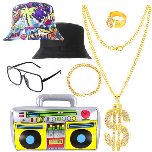 YAROMO Costume Kit, Includes Bucket Hat Sunglasses Chain Ring Earring Inflatable Radio for Unisex-Adults 80s 90s Party