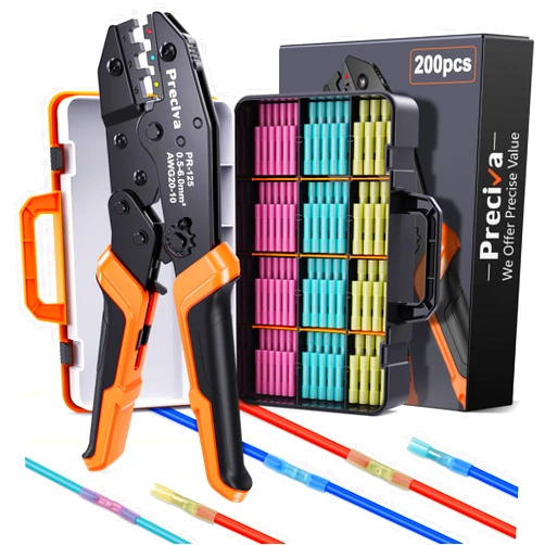 Preciva Wire Crimping Tool for Heat Shrink Connectors Kit, with 200PCS 22-10 AWG Heat Shrink Connectors,Ratcheting Crimper for Electrical, Automotive, Marine & Wiring Repairs