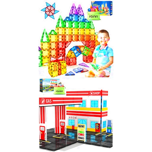 IGIVI Magworld Expansion Pack & Magnetic Tiles Gas Station Playset,STEM Building Blocks Toys & Games, Sensory Toys for Toddlers, 3 4 5 6 7 8 Year Old Boy Birthday Gift