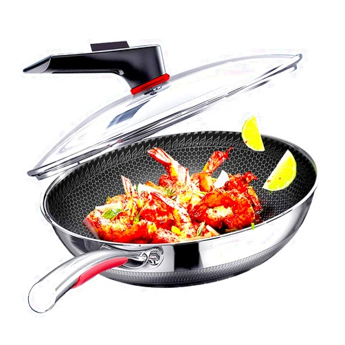 MEGOO 12.6 inch stainless steel nonstick wok pan with lid,stir fry honeycomb wok,cooking wok skillet,for gas cooktops,Induction,electric stove,dishwasher safe(PFA,PFOA Free)