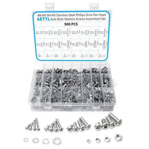 AETTL 900pcs M6 M5 M4 M3 Nuts and Bolts Assortment Kit, Stainless Steel Metric Assorted Machine Screws Set Phillips Drive Pan Head with Flat Washers, AE900LS