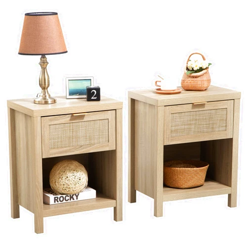 SICOTAS Rattan Nightstands Set of 2, Farmhouse Night Stand Bedside Table with Drawer and Storage Shelf - Boho End Side Table for Bedroom, Light Oak