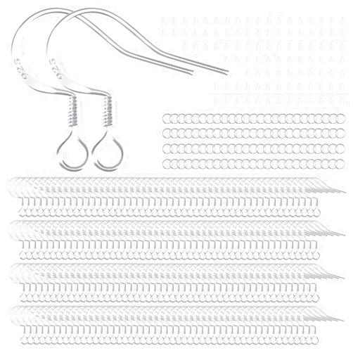 TOPUSSESS 200 PCS/100 Pairs 925 Sterling Silver Plated Earring Hooks Hypoallergenic Silver Ear Wires Fish Hooks with 100 PCS Clear Silicone Earring Backs and 100 PCS Jump Rings for DIY Jewelry Making