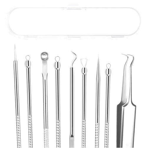 AskBed 5PCS Blackhead Remover Comedone Extractor Kit - Professional Stainless Steel Tools for Pimple, Acne, and Blemish Removal - Curved Tweezers Included