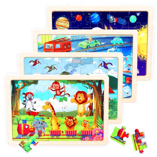 NASHRIO Wooden Educational Jigsaw Puzzles for Preschool Kids Ages 3-5, 4-Pack with 20 Pieces Dinosaur, Space, Transportation Wood Puzzles Set, Toddler Brain Teaser Toys, Gifts for Boys Girls Ages 3 4 5 6