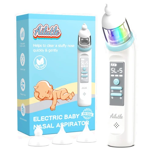 Ailutle Nasal Aspirator for Baby, Electric Nose Booger Sucker Automatic Nose Cleaner USB Rechargeable W/ 3 Silicone Tips, 5 Suctions Power, Music & Colorful Light Soothing Function for Infants Newborn Kids
