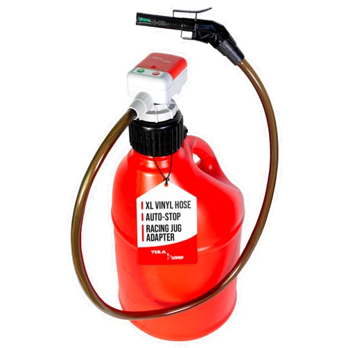 TERA PUMP TRFA01-XL 2nd Gen. Battery Powered Overfill Protection Fuel Transfer Pump w/Universal Gas Can & Utility Jug Adapter, 4.27ft Vinyl Hose, 2.5 GPM for Gas Diesel E15 E85 Fuels