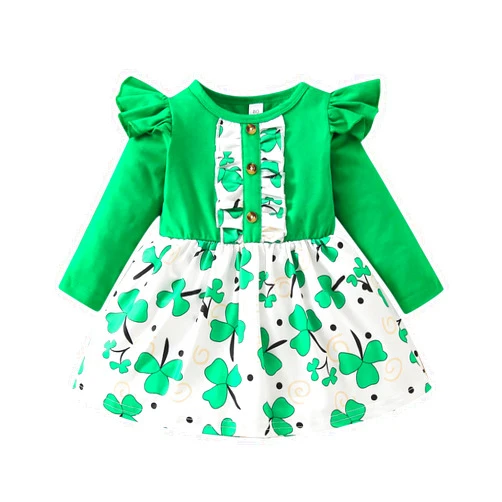 EnJoCho Newborn Clothing St. Patric.k's Day Girls Leaf- Baby Sleeve Dress Cute 's Four Long Printing Girls (Green, 6-12 Months)