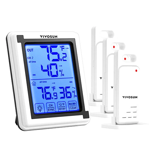 VIVOSUN Digital Thermometer and Hygrometer with 3 Remote Sensors, Indoor Outdoor Temperature and Humidity Monitor with Touchscreen LCD Backlight, 200ft/60m Range, Battery Included