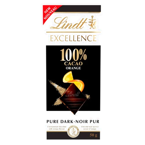 Lindt and Sprungli (Canada) Inc. Lindt Excellence Orange 100% Cacao Pure Dark Chocolate Bar, 50g/1.75 oz. (Imported from Canada)
