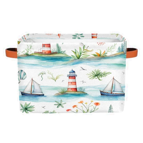 Myfsucce Watercolor Lighthouse Sailing Rectangular Storage Bin Collapsible Storage Basket Organizer Boxes with Leather Handle Storage Cube for Shelves Toy Laundry Nursery 1 PC