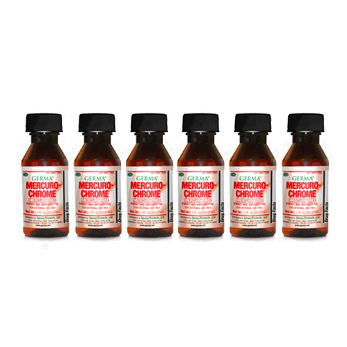Germa Mercuro-Chrome. Mercury Free First Aid Antiseptic. For Cuts, Scrapes and Burns. Helps Prevent Skin Infection. Red. 1 oz. Pack of 6