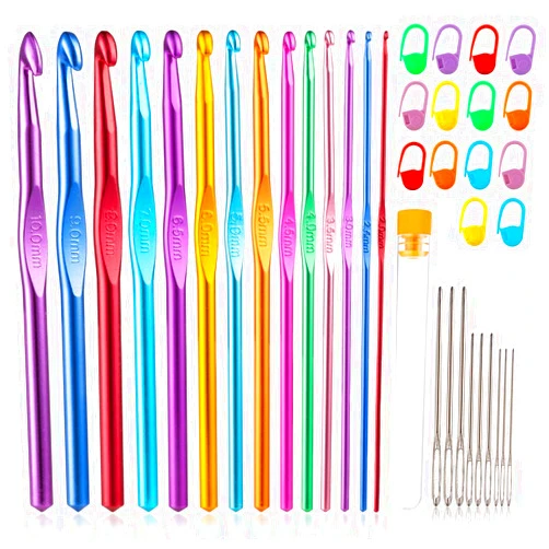Vodiye 37 PCS Crochet Hooks Set, High Quality Coloured Aluminum Ergonomic Handle Crochet, Hook Needles for Arthritic Hands, with Stitch Markers and Large-Eye Blunt Needles