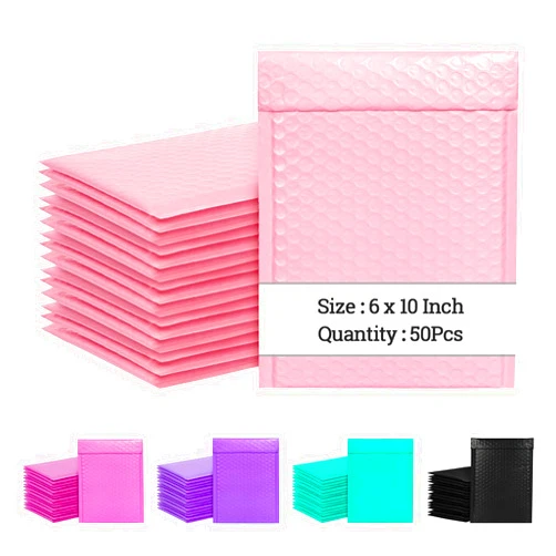 LuckIn 6 x 10 Inch Bubble Mailers 50 Pack, Self-Seal Poly Padded Envelope, Waterproof Shipping Bags for Small Business, Light Pink