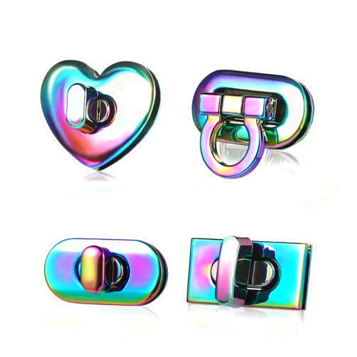 TXIN 4 Pieces Turn Lock Clasp, Rectangle Oval Heart Shape Twist Lock Fasteners, Zinc Alloy Purse Closure Latches, Metal Hardware Clip Clasp Buckles for DIY Handbag Making Accessories, Rainbow Color