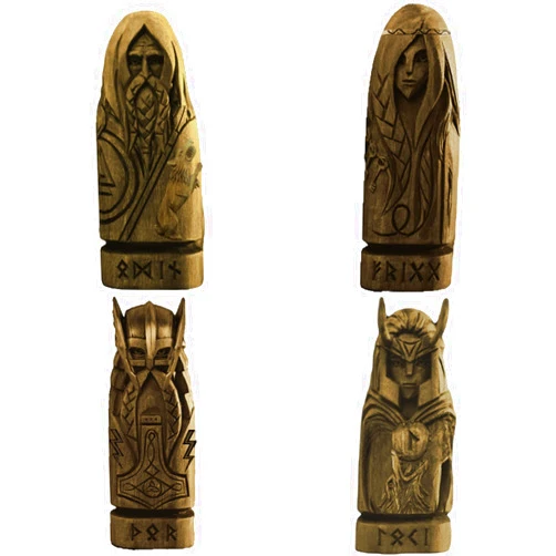 ZXPJUA Odin, Thor and Loki Statues, Norse Gods Statues, Viking Pantheon, allfather Statue, Frigg Statue, Viking Pagan Figurines,Creative Desktop Decor Set (4Pcs, Bronze)