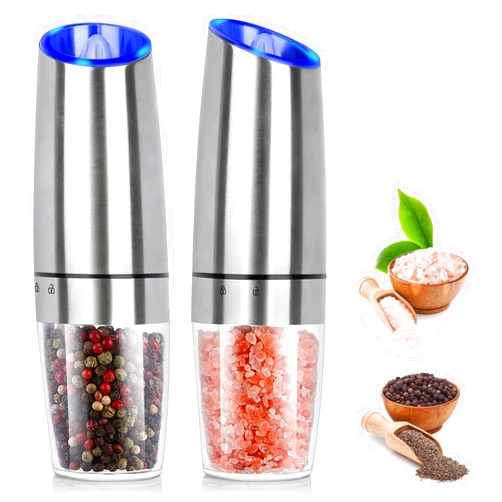 LetGoShop Salt and Pepper Grinder Electric Gravity Grinder, Refillable Automatic One-Hand Operated Mill Set with Adjustable Coarseness LED light, Battery-Operated 2 Pack
