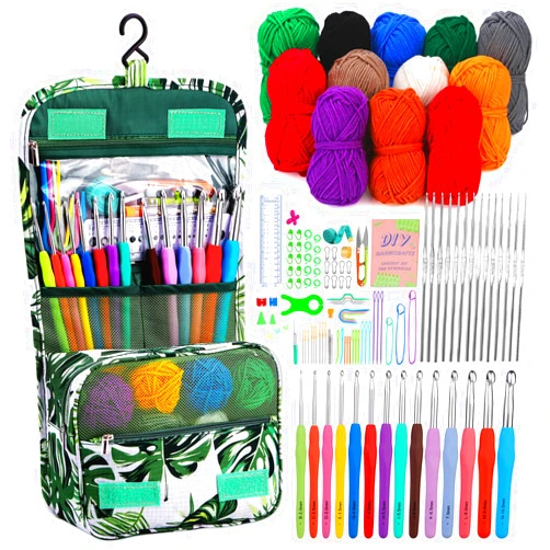 Kgxulr Crochet Kit for Beginner Adults, 122 pcs Crochet Starter Set for Beginner, Crochet Kit Include 12 Colors Yarn, Ergonomic Colorful Aluminum Crochet Hooks 2.0-1.0 mm,Single-Head Iron Needles 0.5-1.9mm
