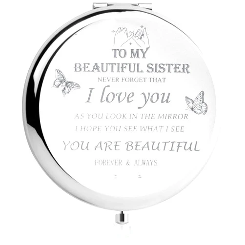 HYOUCHANG Sister Gifts-Gifts for Women-Women Personalized Engraved Quote Inspirational Friendship Mirror -Birthday,Valentines Day ,Graduation ,Thanksgiving or Christmmas Gifts for Best Sister,Friend (silver)