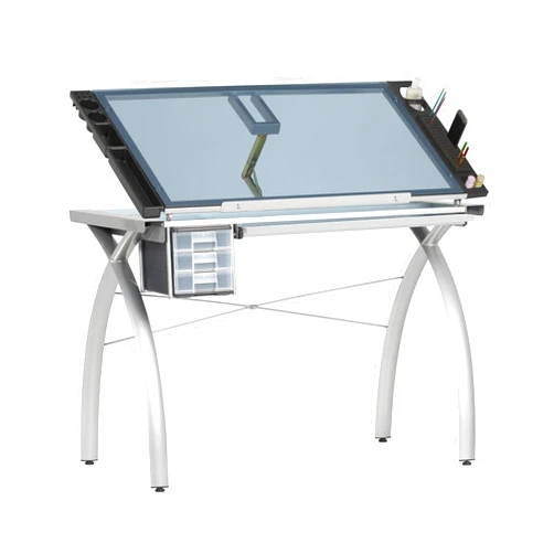 SD STUDIO DESIGNS Futura Crafting, Drafting, Drawing Adjustable Top Hobby Table Writing Studio Art Desk with Drawers, 38''W x 24''D, Tempered, Silver/Blue Glass