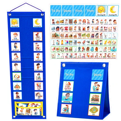KIKIGOAL Kids Visual Schedule Calendar Chart, 2 in 1 Autism Daily Chore Routine Chart with 96 Cards Autism Learning Materials Bedtime Routine Chart for Toddlers Home School