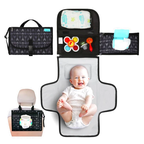 Kopi Baby Portable Diaper Changing Pad, Portable Changing pad for Newborn Girl & Boy - Baby Changing Pad with Smart Wipes Pocket – Waterproof Travel Changing Kit - Baby Gift by Kopi Baby - Black Arrow