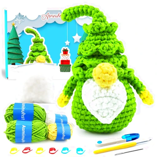 Asminuhst Crochet Kit for Beginners with Crochet Yarn - Christmas Tree Gnome Amigurumi Crochet Kit with Step-by-Step Video Tutorials for Adults and Kids