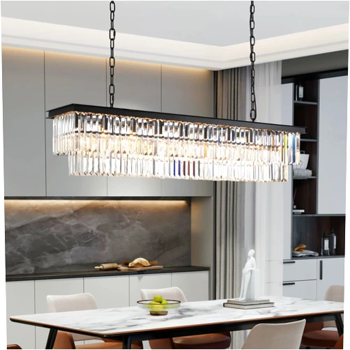 NOXARTE Rectangle Chandeliers for Dining Room, Modern Rectangular Crystal Chandelier Black 8 Lights Pendant Fixture for Kitchen Island Bar Living Room L47 Inch
