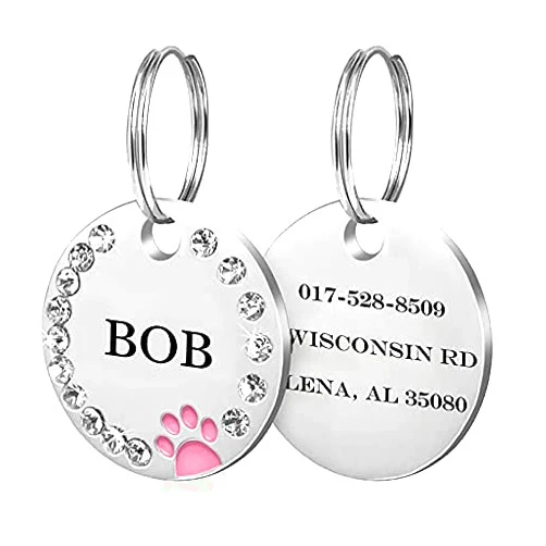 Wallwow Personalized Dog Tags Cat Pets Tags Double-Side Engraved Name Tags with Bling Rhinestone and Paw Print, Green, 25MM*25MM