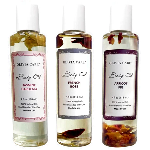 Olivia Care 3 Pack Body Oils: Apricot Fig, French Rose, Jasmine Gardenia - Natural Perfume Oils For Women & After Bath Oils Body Moisturizers, Rich in Vitamin E, K, & Omega (3 Scents)