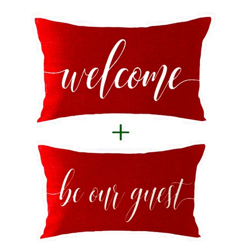 GAWEKIQE Set of 2 Quote Red Welcome Be Our Guest Best Gift Lumbar Cotton Linen Decorative Throw Pillow Cover Cushion Case for Family Bed Sofa Outdoor 12x20inches (Dark Red)