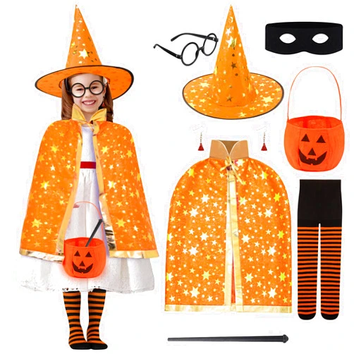 Suhine 8 Pcs Witch Costumes for 8 Years Girls Toddlers Kids Witches Outfits Accessories Halloween Cosplay Cloak Set(Orange)