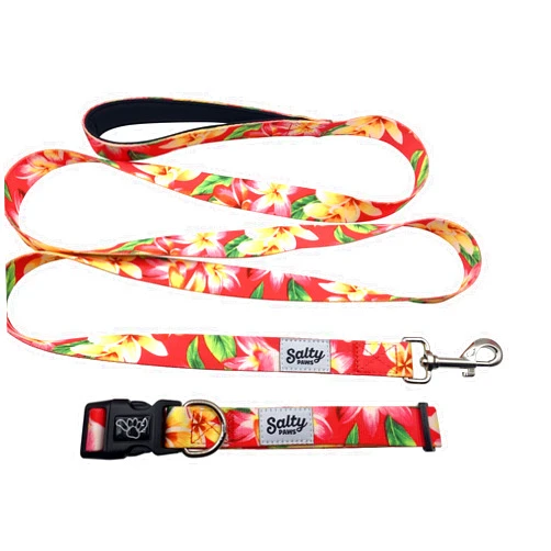 Shaka's Salty Paws Premium Matching Dog Collar & Dog Leash Combo Set. Cute Pink Floral Hawaiian Print Size Medium Dogs 25-50 lbs. Soft Neoprene Padded Handle Ships Fast from USA