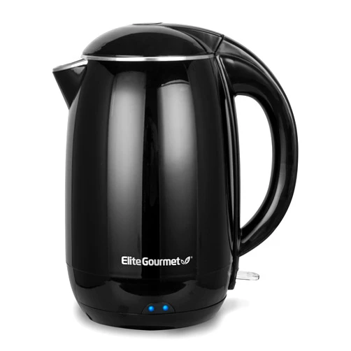 Elite Gourmet EKT1821 1.8L Double Wall Insulated, Cool-Touch 1500W Kettle w/Stainless Steel Interior & Lid, 360° Swivel Base for Cord Free Serving, Power On Lever, Auto Shut-Off, Boil Dry, Black
