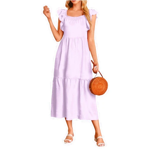 Generic Women'S Summer Dresses 2024 Elegant Ruffle Hemline Long Dresses Square Collar Dress Holiday Style Boho Sundresses