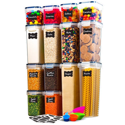 Seseno 14 Pack Airtight Food Storage Container Set - BPA Free Clear Plastic Kitchen and Pantry Organization Canisters with Durable Lids for Cereal, Dry Food Flour & Sugar - Labels, Marker & Spoon Set