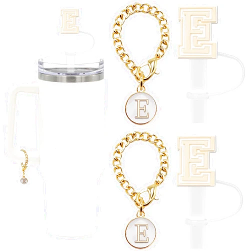SpexArt 4PCS Stanley Cup Accessories, 2PCS Letter Straw Cover Cap for Stanley Cup 30&40 Oz with 2PCS Personalized Charms Initial Letter Silicone Stanley Straw Toppers for Stanley Cup (White+Letter E)