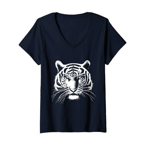 WildRoar Apparel Womens tiger face V-Neck T-Shirt