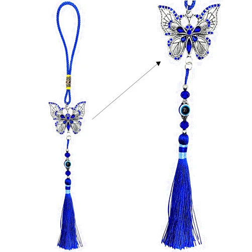 LUCKBOOSTIUM Center Evil Eye Butterfly Charms Pendant in Blue Crystal Stone w/Tassels for Good Luck & Protection
