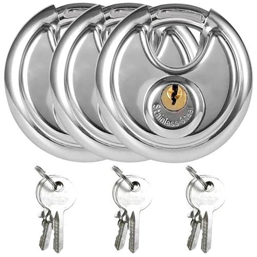 Bogandou 3 Pcs Keyed Alike Discus Padlock, Heavy Duty Stainless Steel Discus Lock with Same Key, Circular Unit Lock for Storage Units, Sheds, Garages, Fence