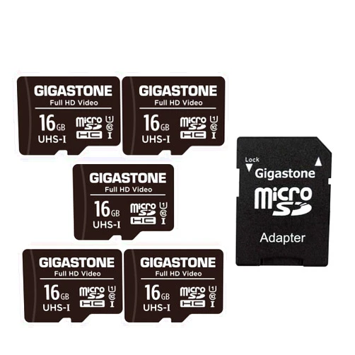 GIGASTONE 16GB 5-Pack Micro SD Card, FHD Video, Surveillance Security Cam Action Camera Drone, 85MB/s Micro SDHC UHS-I U1 Class 10, with Adapters