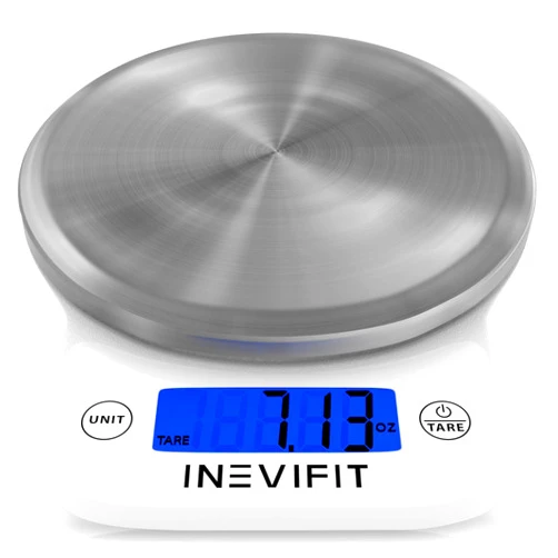 INEVIFIT DIGITAL KITCHEN SCALE, Highly Accurate Multifunction Food Scale 13 lbs 6kgs Max, Clean Modern White with Premium Stainless Steel Finish. includes Batteries