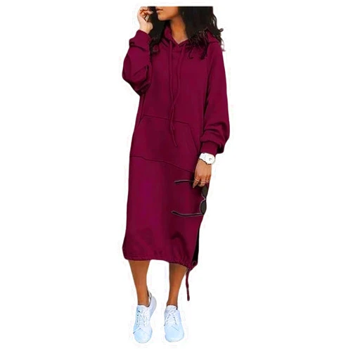 DCTIWES Women Maxi Hoodies Dress Casual Long Dresses Fashion Split Hem Drawstring Hooded Long Sleeve Sweatshirt with Pockets