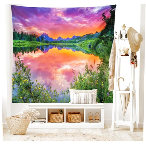 Ambesonne Mountain Tapestry King Size, Colorful Sunset Reflection on River Nature Meadow in Wyoming Photography, Wall Hanging Bedspread Bed Cover Wall Decor, 104