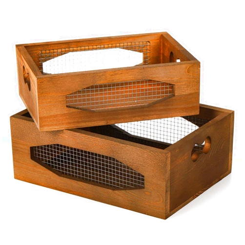 Okllen Set of 2 Wooden Nesting Countertop Baskets, Decorative Wood Storage Box Farmhouse Rustic Crate with Cutout Handles for Bread, Fruit, Vegetables, Kitchen, Bathroom, Pantry Supplies, Brown