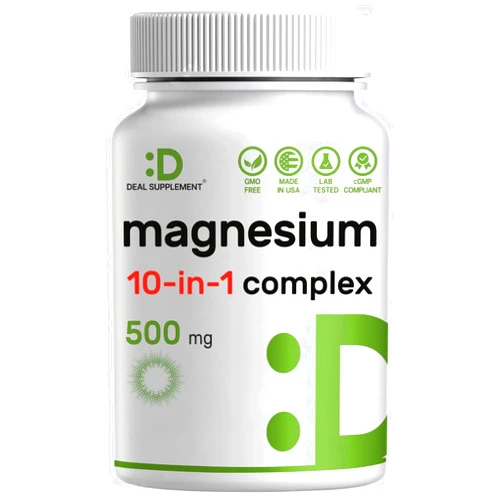 DEAL SUPPLEMENT Magnesium Complex Supplement 500mg, 240 Veggie Capsules – 10 in 1 – Glycinate, Citrate, Malate, & More – Chelated Minerals for Muscle & Joint Health.