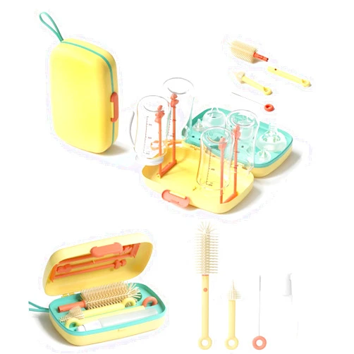 OPATER Travel Baby Bottle Cleaner kit with Drying Rack,Portable Silicone Bottle Brush, Nipple Cleaner Brush,Straw Brush,Storage Box Compact Size Baby Essential for Travel Home Newborn & Moms (Yellow)