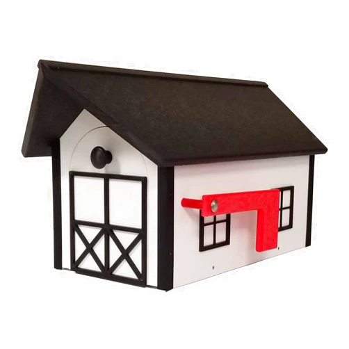 DutchCrafters Large Farmhouse Mailbox, Durable Plastic Barn Mailboxes for Outside, Post Mount Mail Box with Flag, Barnhouse Style - Amish Made in America (Black and White)