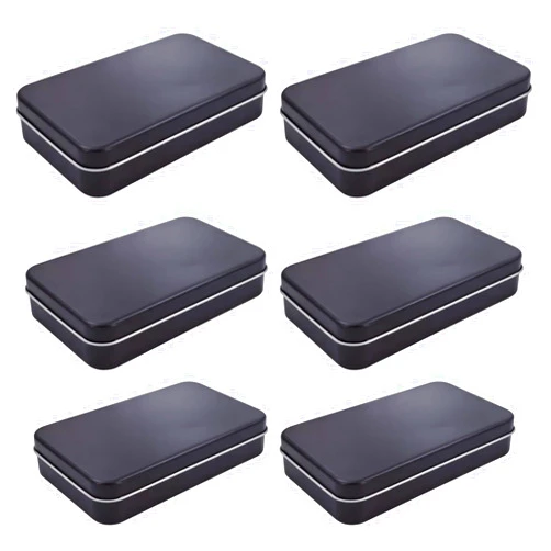 Thintinick 6 Pieces Rectangular Metal Empty Hinged Tins Containers Basic Necessities Home Storage Organizer Mini Box Set, 5.9 x 3.5 x 1.2 inches (Black)